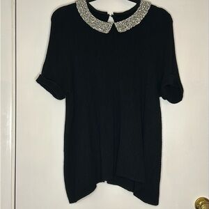 ELLE Women's Black Ribbed‎ Short Sleeve Sweater Removable Sparkle Collar Size XL